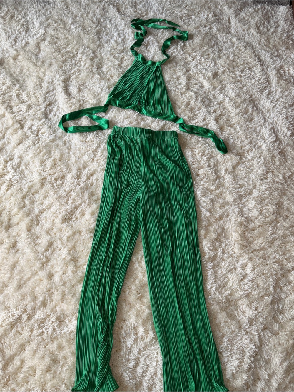 SHEIN Green Pleated Halter Crop Top and Wide Leg Pants Set